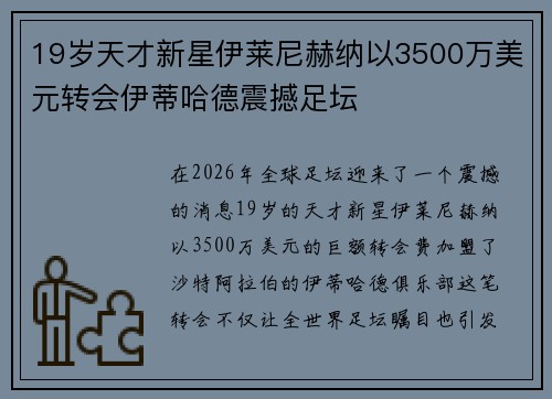 19岁天才新星伊莱尼赫纳以3500万美元转会伊蒂哈德震撼足坛
