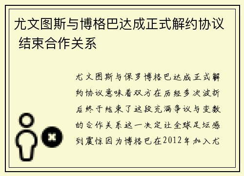 尤文图斯与博格巴达成正式解约协议 结束合作关系