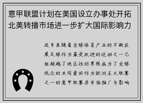 意甲联盟计划在美国设立办事处开拓北美转播市场进一步扩大国际影响力