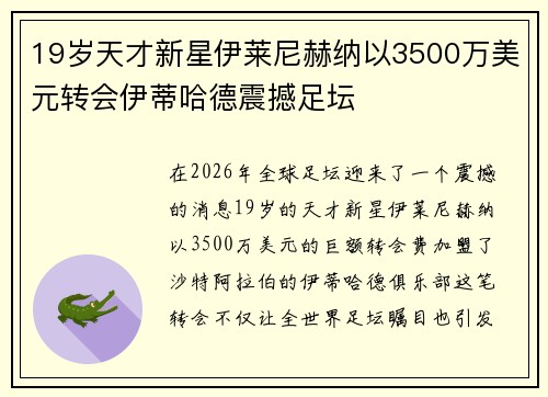 19岁天才新星伊莱尼赫纳以3500万美元转会伊蒂哈德震撼足坛