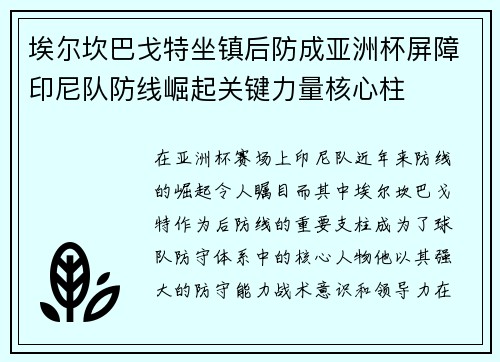埃尔坎巴戈特坐镇后防成亚洲杯屏障印尼队防线崛起关键力量核心柱